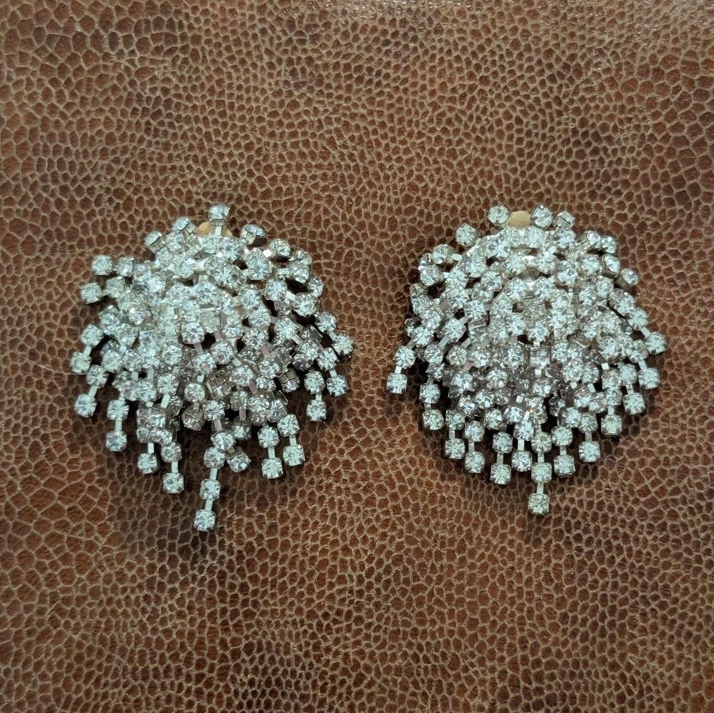 Large‎ Vintage Cascading Waterfall Rhinestone Clip Earrings